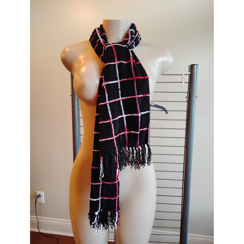 Black Red White Grid Plaid Knit Scarf with Fringe Chenille Texture Rectangular